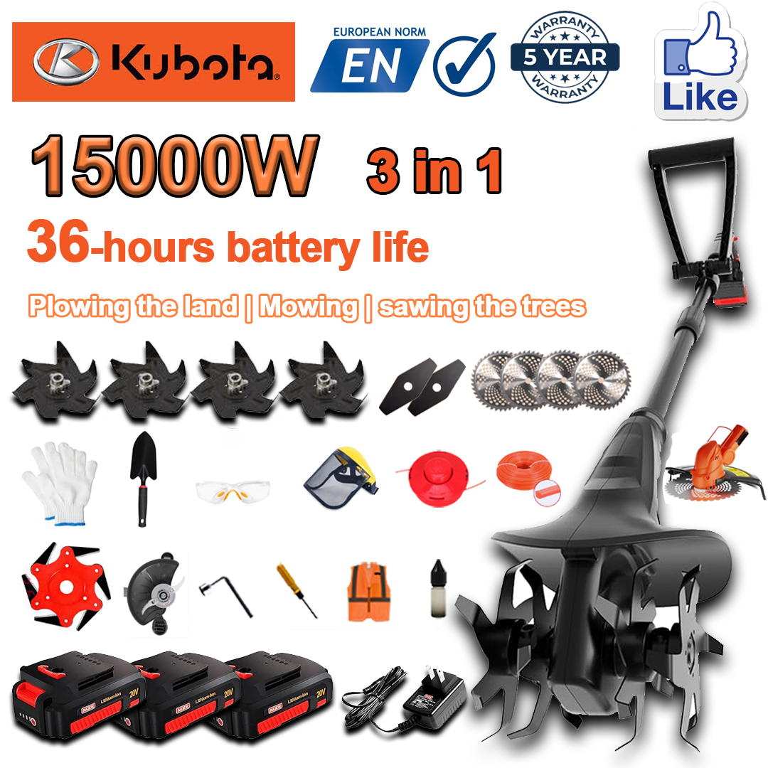 (Duración de la batería 36 horas) Arado de 15000 W + batería de litio de 96 V * 3 + cargador rápido * 1 + pala * 1 + cabezal de hoja recta * 2 + hoja de arado * 4 + hoja de sierra circular * 4 + hoja de sierra de aleación * 1 + hoja de corte * 1 + cuerda de corte * 1 + varios accesorios